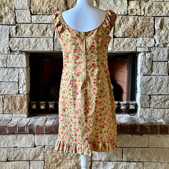 VTG D.B.Y. Mini Dress Yellow Pink Floral Ruffle Bow Accent Size 13/14 - Picture 2 of 8